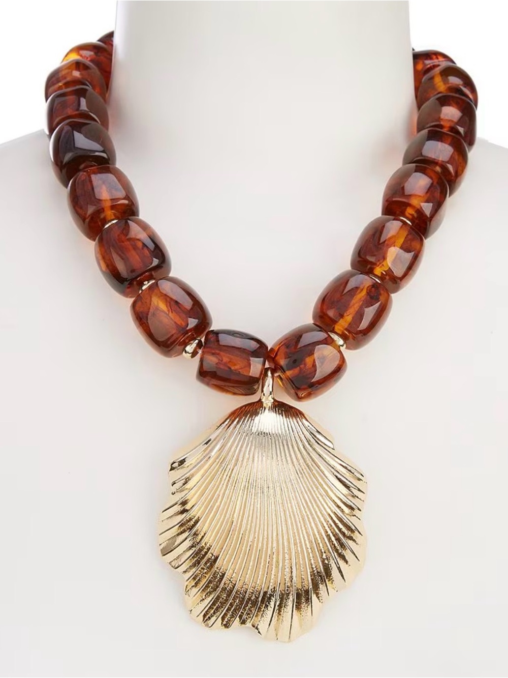 Large Gold Shell Statement Pendant Necklace with Brown Beads Mermaid Vibes! $$